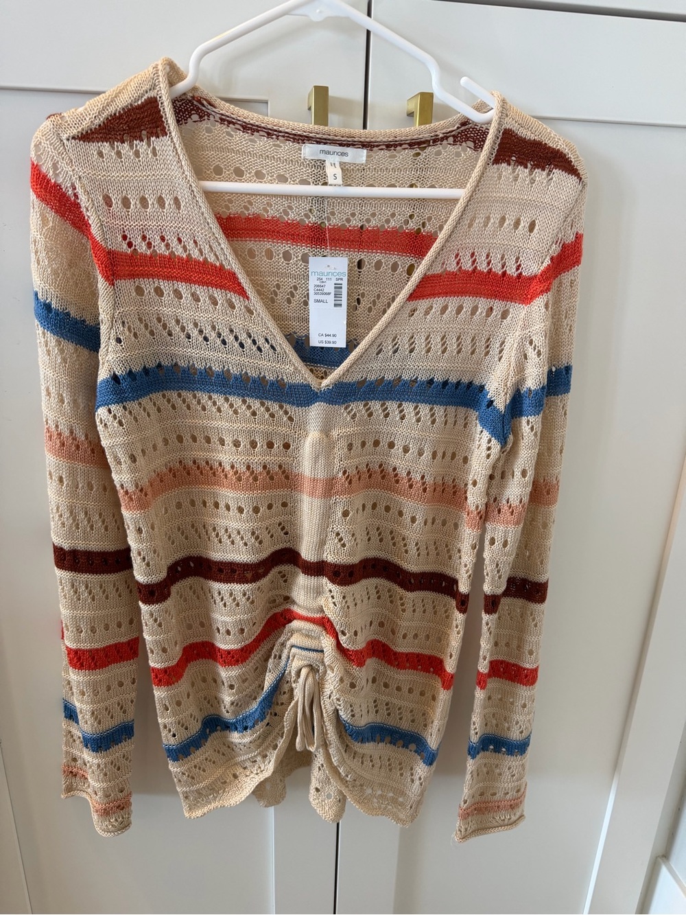 Maurices Open-Knit V-Neck Sweater in Cream with Red & Blue Stripes